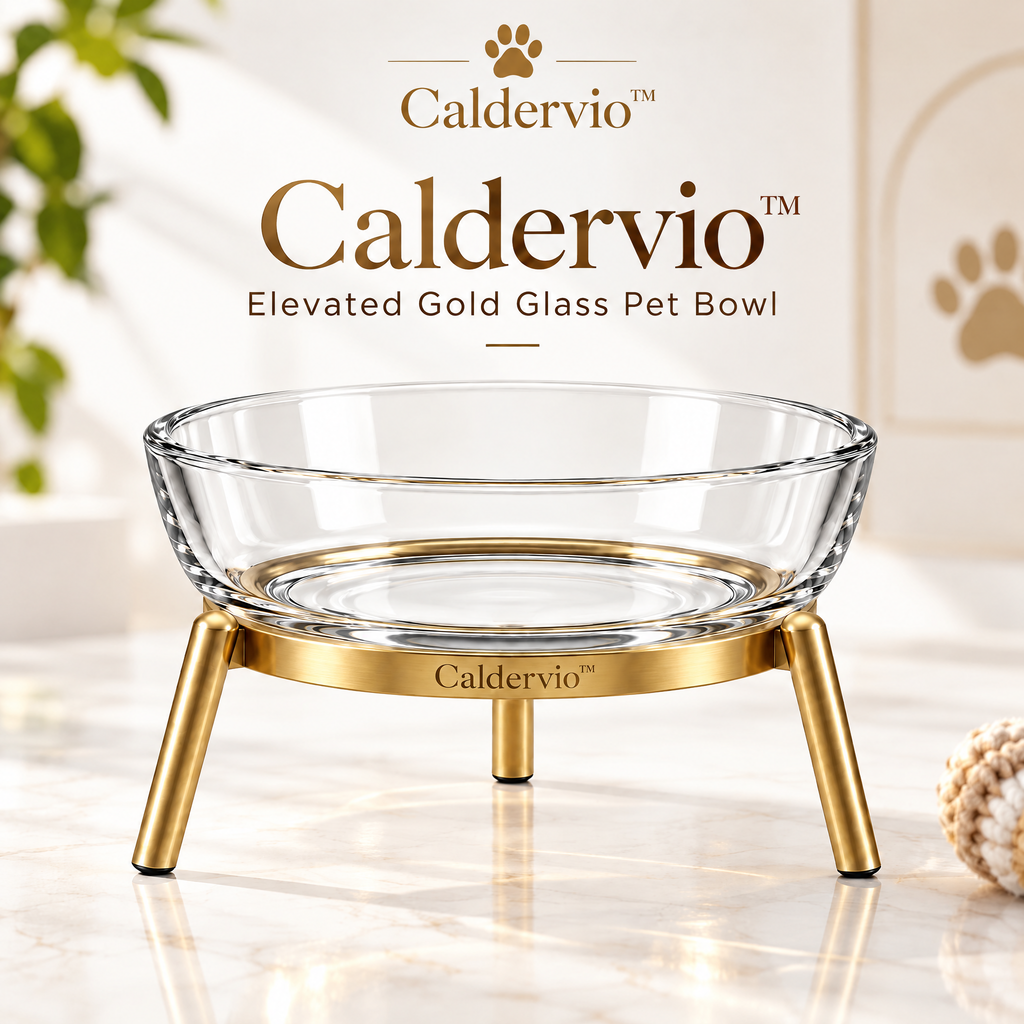Caldervio™ Elevated Gold Glass Pet Bowl brand hero image