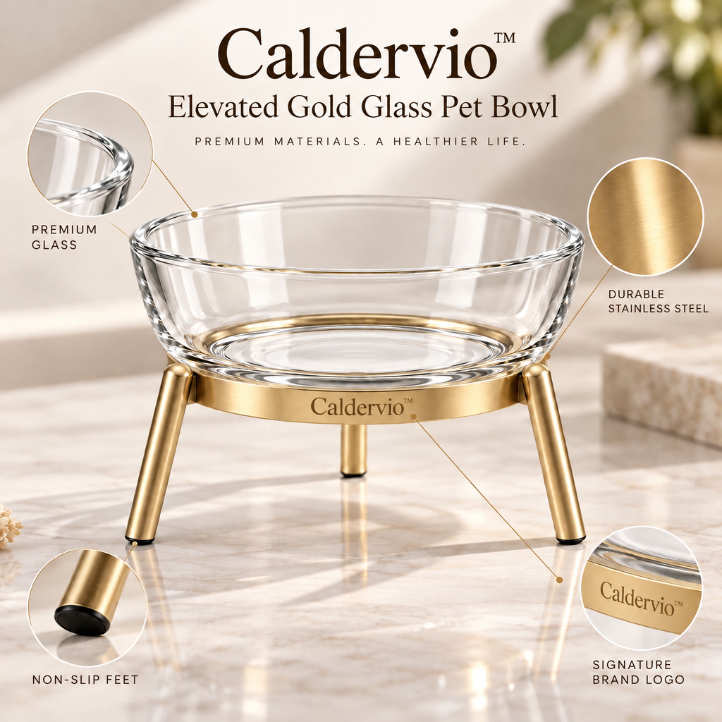 Caldervio™ Elevated Gold Glass Pet Bowl materials and structure