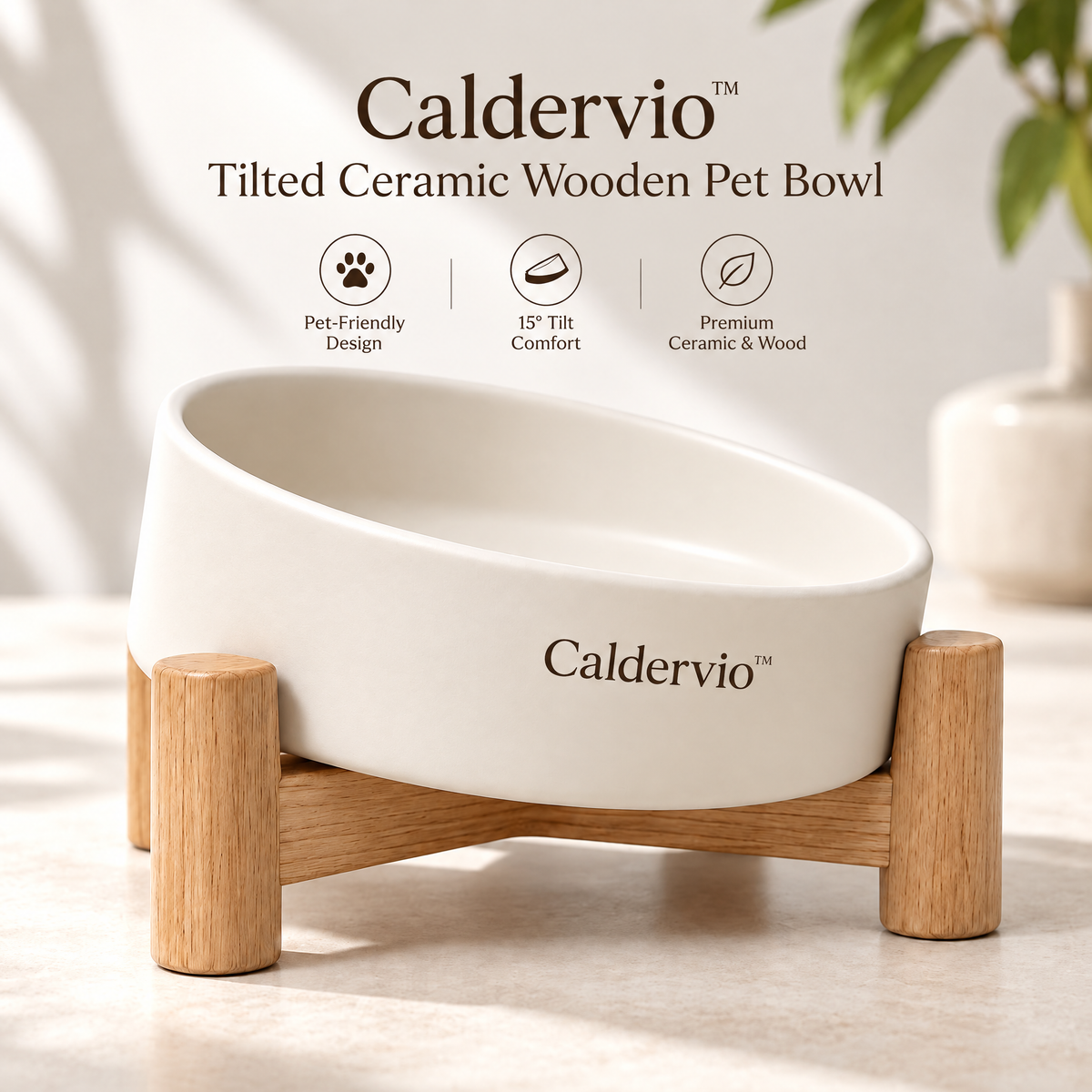 Caldervio™ Tilted Ceramic Wooden Pet Bowl brand hero image