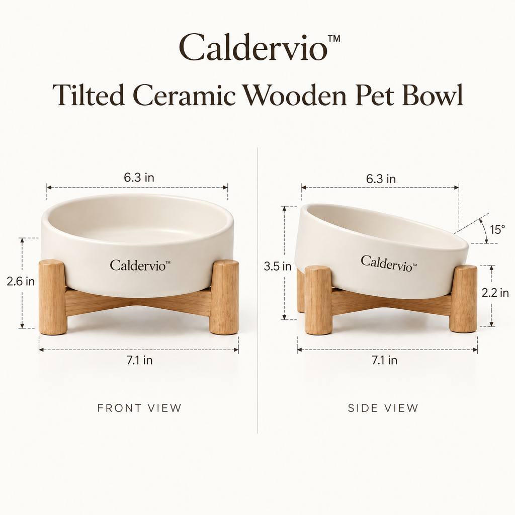 Caldervio™ Tilted Ceramic Wooden Pet Bowl product dimensions