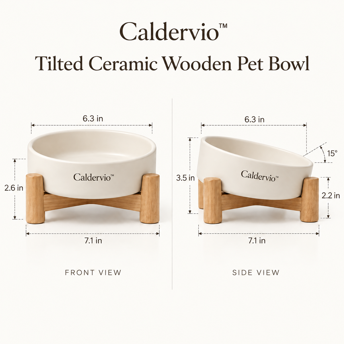 Caldervio™ Tilted Ceramic Wooden Pet Bowl product dimensions