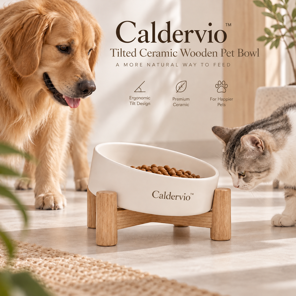 Caldervio™ Tilted Ceramic Wooden Pet Bowl lifestyle image