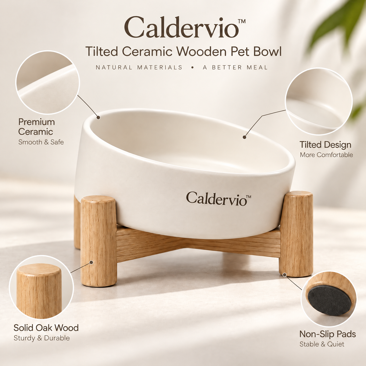 Caldervio™ Tilted Ceramic Wooden Pet Bowl materials and structure