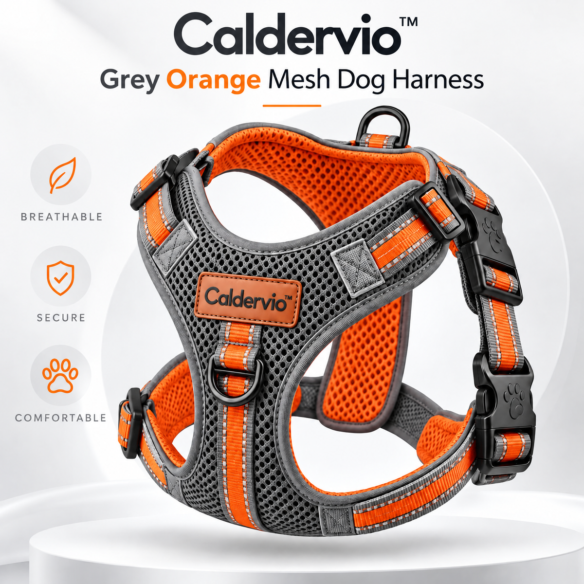 Caldervio™ Grey Orange Mesh Dog Harness brand hero image