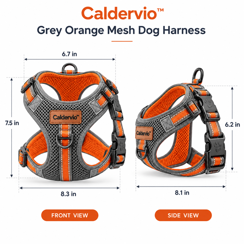 Caldervio™ Grey Orange Mesh Dog Harness product dimensions