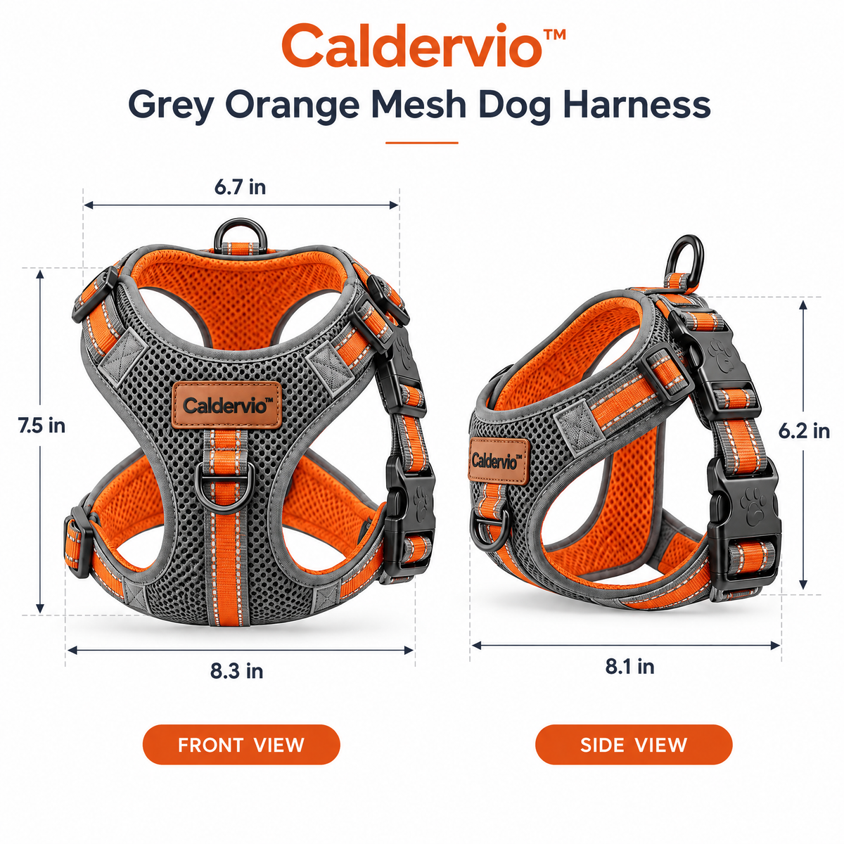 Caldervio™ Grey Orange Mesh Dog Harness product dimensions