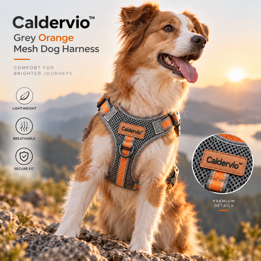 Caldervio™ Grey Orange Mesh Dog Harness lifestyle image