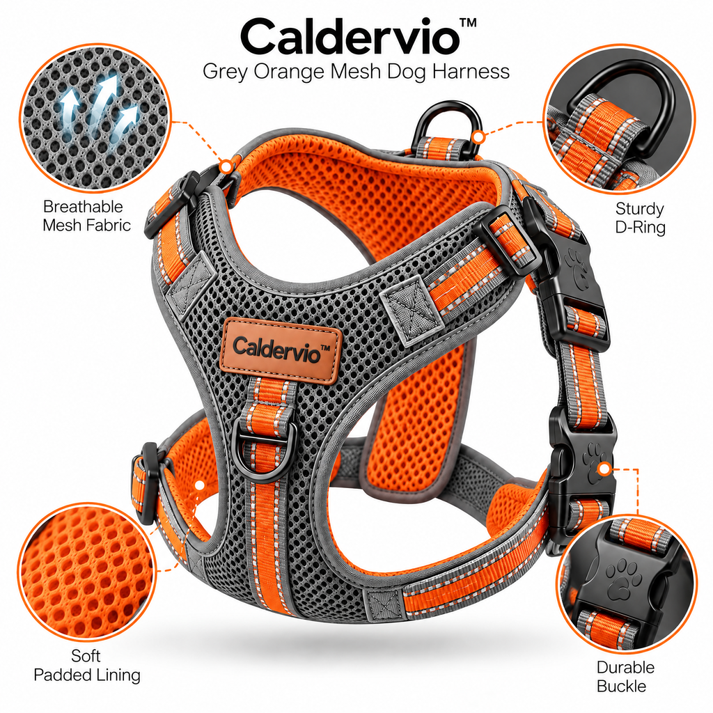 Caldervio™ Grey Orange Mesh Dog Harness materials and structure