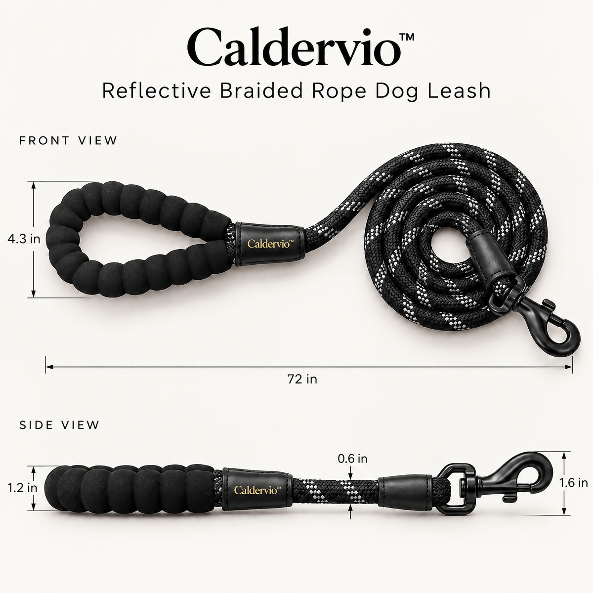 Caldervio™ Reflective Braided Rope Dog Leash product dimensions