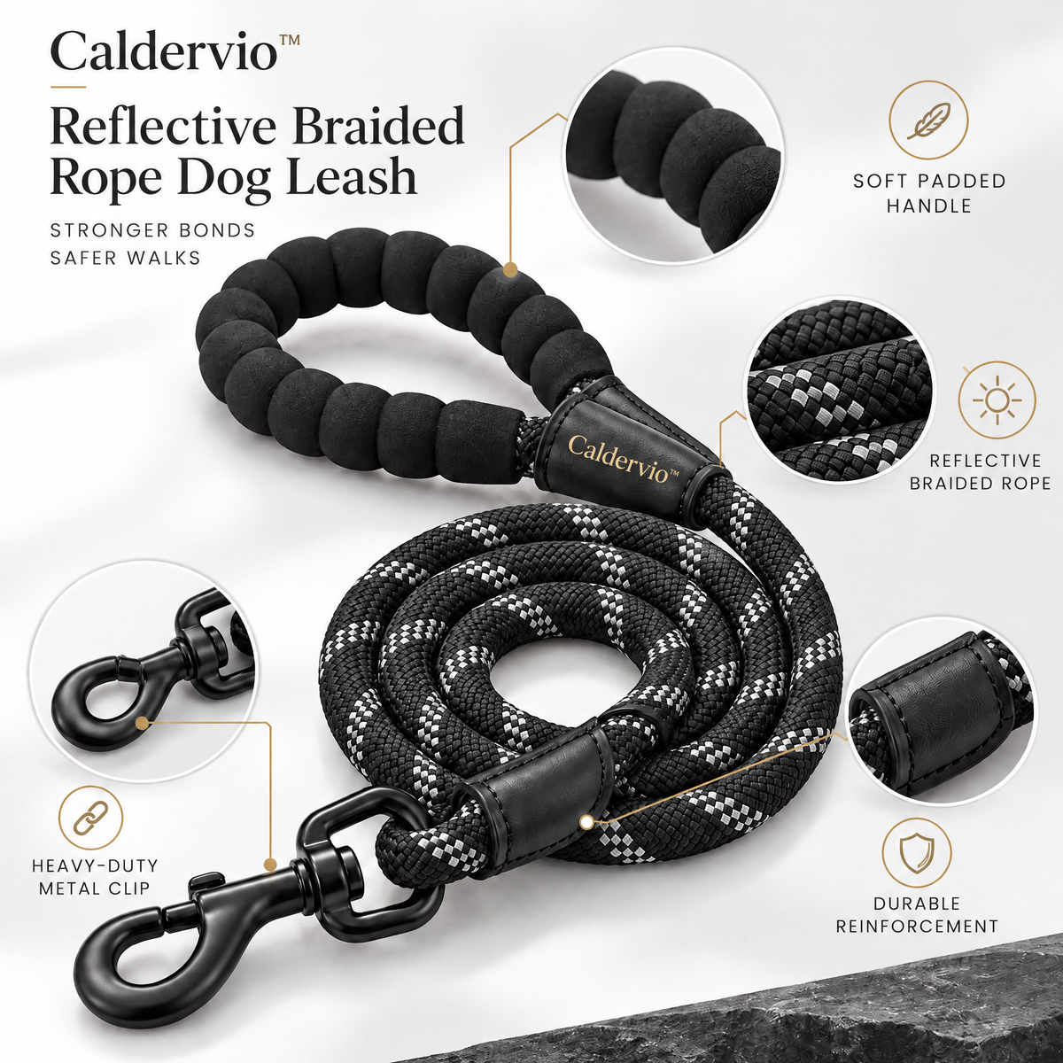 Caldervio™ Reflective Braided Rope Dog Leash materials and structure