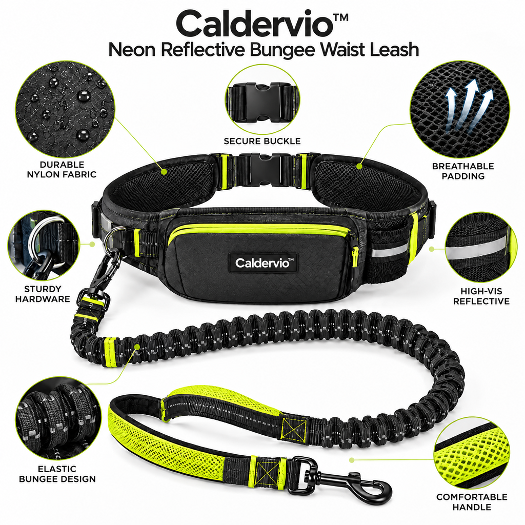 Caldervio™ Neon Reflective Bungee Waist Leash materials and structure