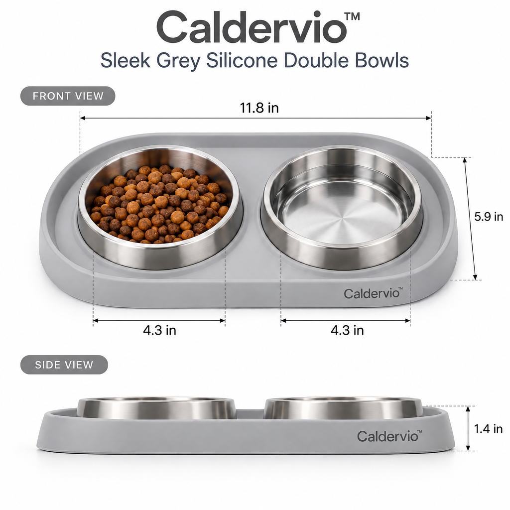 Caldervio™ Sleek Grey Silicone Double Bowls product dimensions