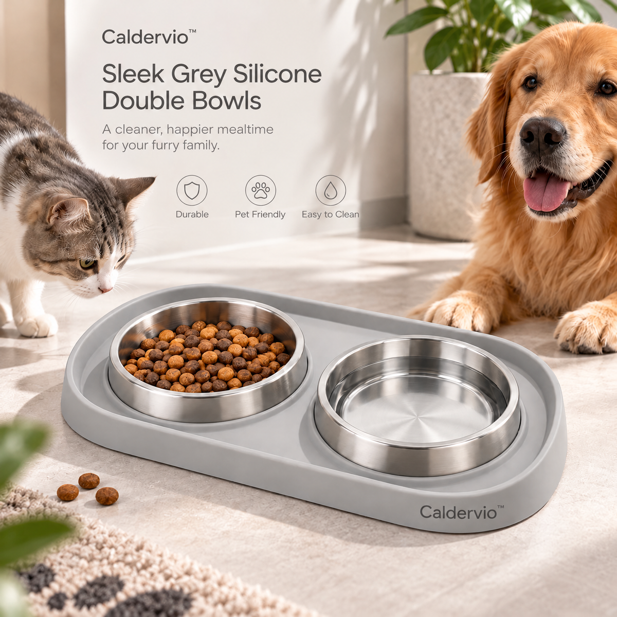 Caldervio™ Sleek Grey Silicone Double Bowls lifestyle image