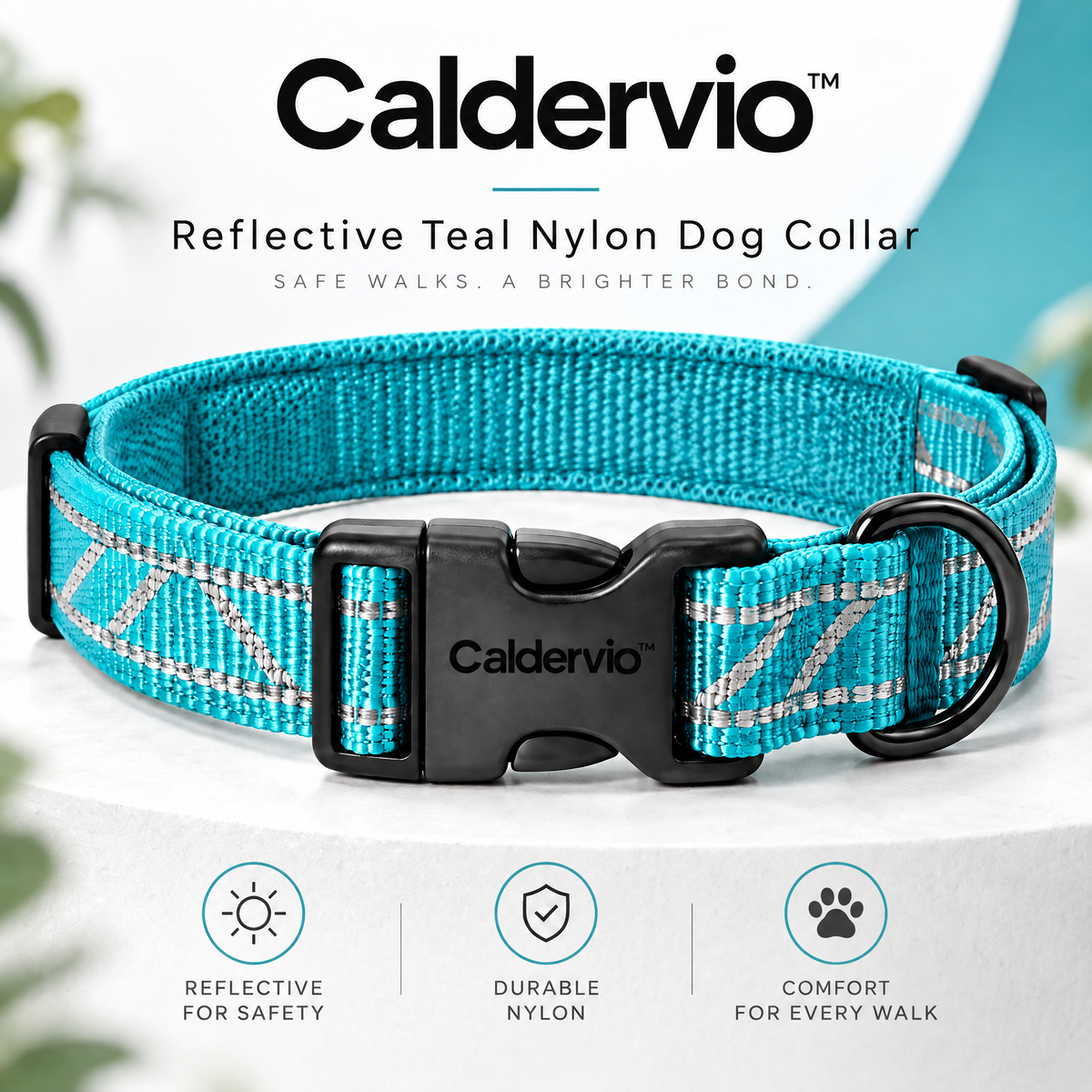 Caldervio™ Reflective Teal Nylon Dog Collar brand hero image