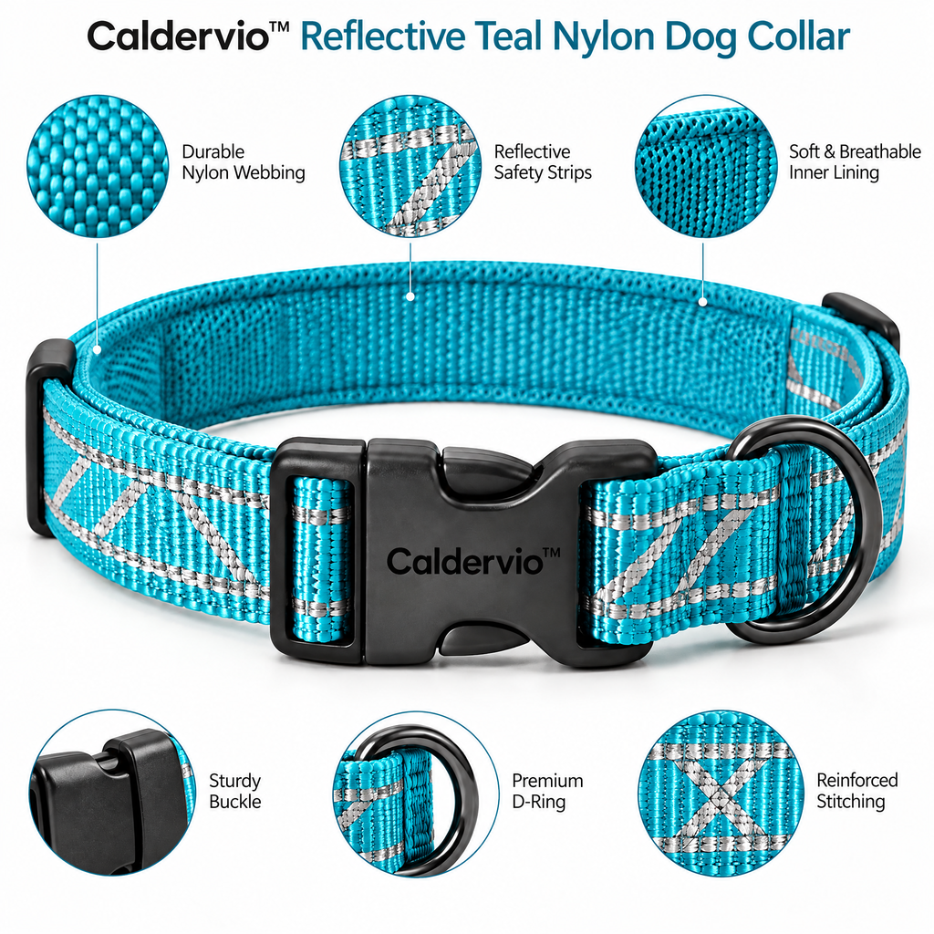 Caldervio™ Reflective Teal Nylon Dog Collar materials and structure