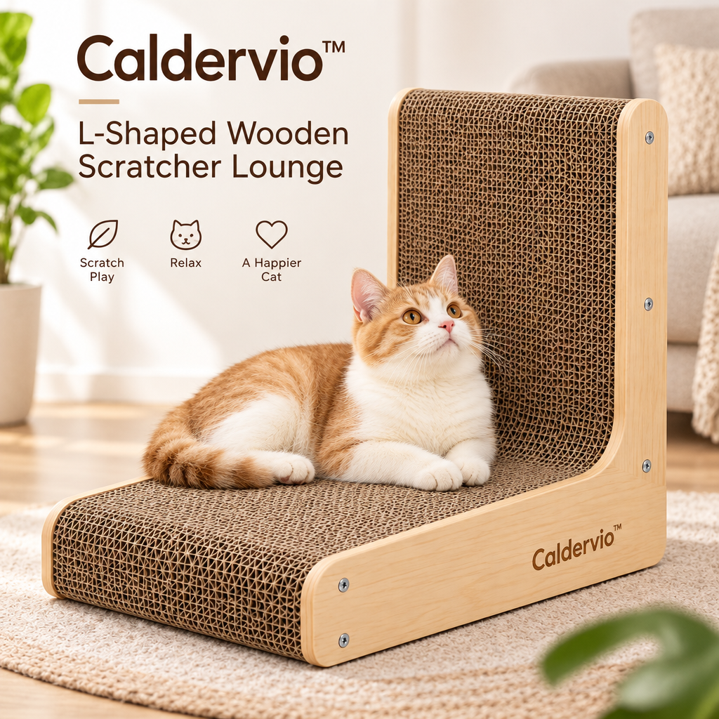 Caldervio™ L-Shaped Wooden Scratcher Lounge lifestyle image