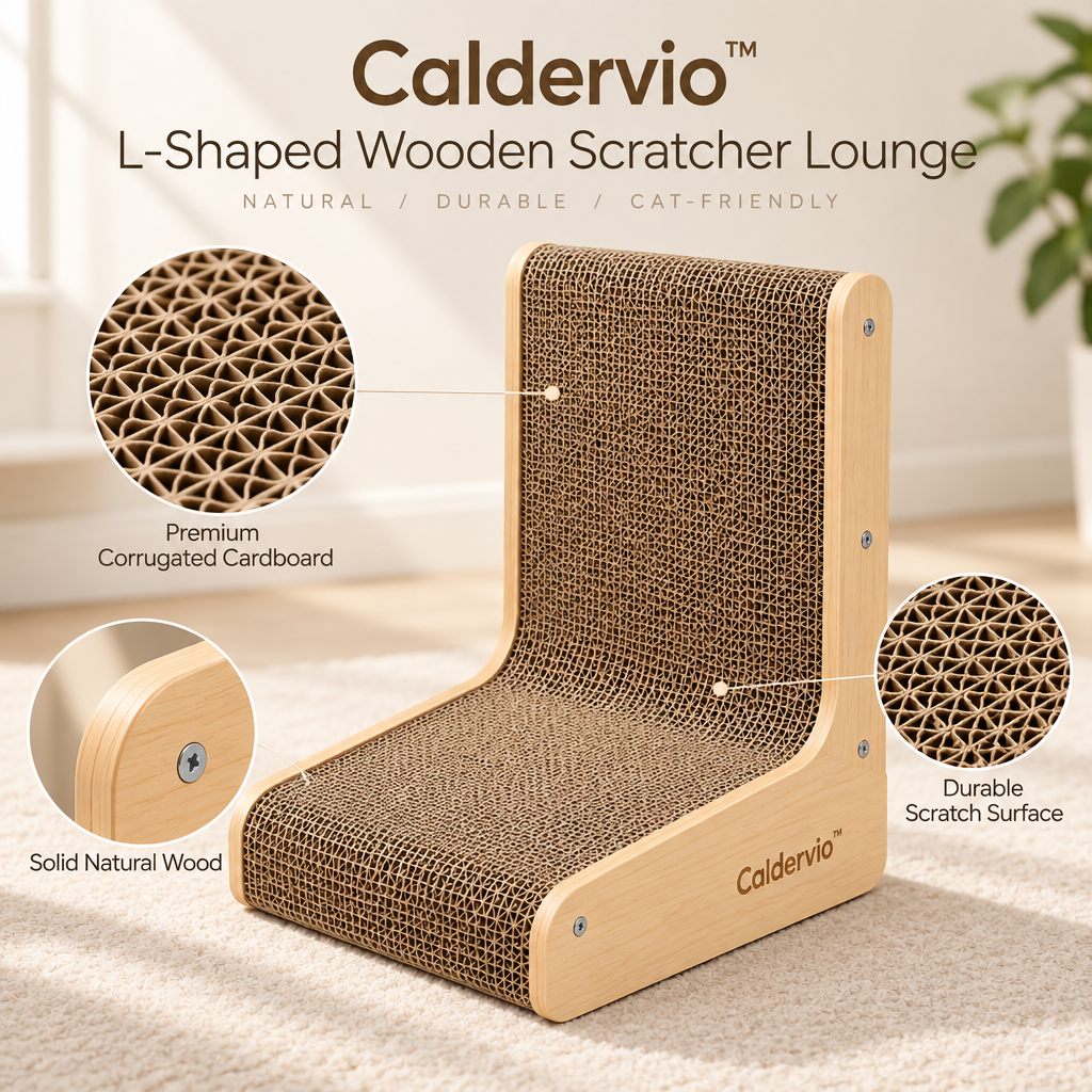 Caldervio™ L-Shaped Wooden Scratcher Lounge materials and structure