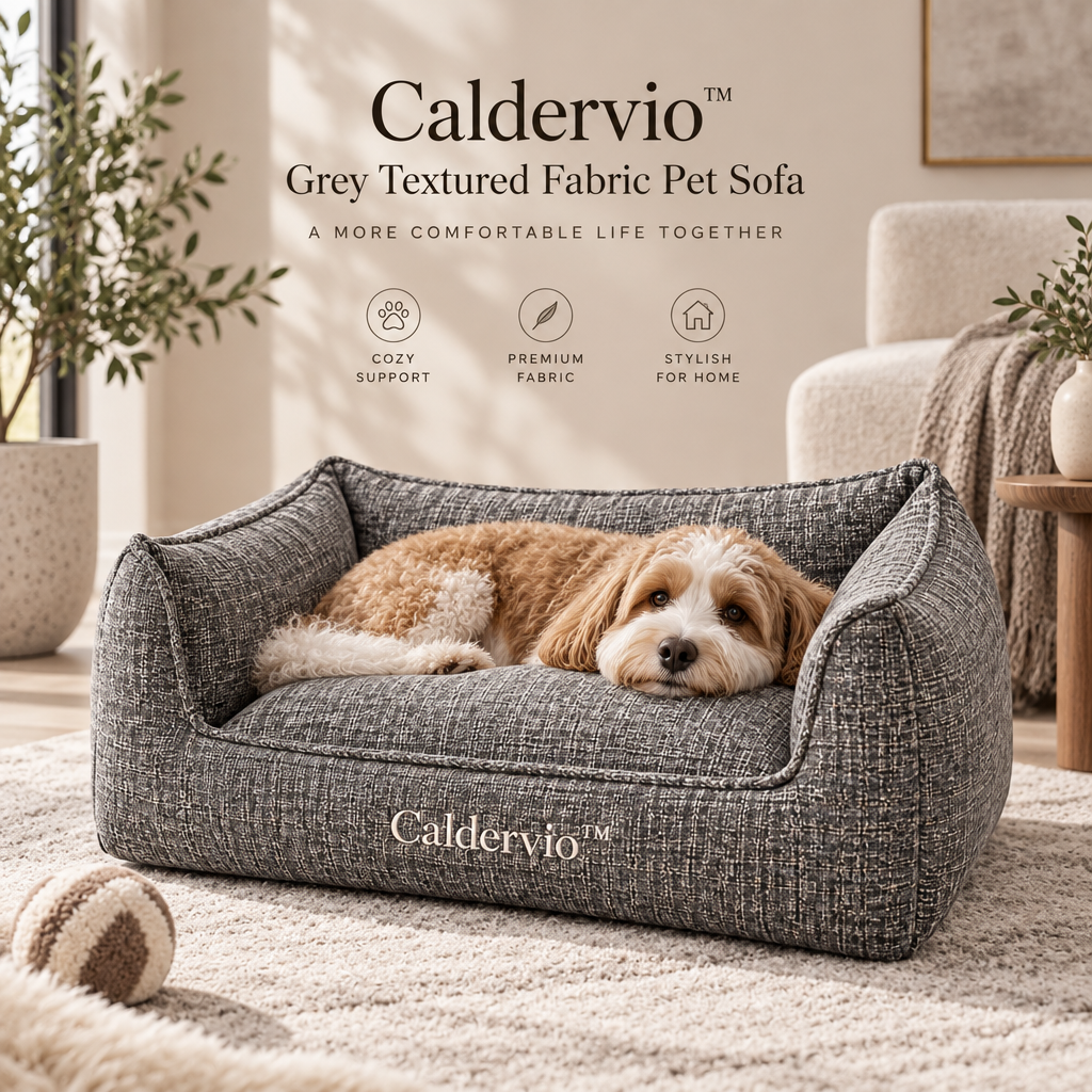 Caldervio™ Grey Textured Fabric Pet Sofa lifestyle image